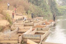 Sand miners mining for sand in the Sanaga river, Belabo