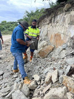 Limestone sampling at Yadua, collection methods being taught by Dr Soumen Maity to MRD officer