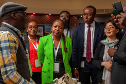 At the opening of the exhibition. On the foreground, from left to right: Joshua Sabiiti, Ugandan entrepreneur; Yvonne Chileshe, OACPS; Greg Sally, UNDP Zambia; Uyanga Gankhuyag, UNDP