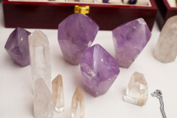 The exhibition showcased a variety of semi-precious stones mined by artisanal miners in Zambia, such as amethyst and quartz crystal.