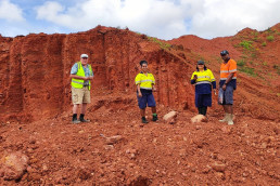 Robert Smith, Nanise Soko, Rigieta Ravuiwasa and Wame Macedru at one of the sampling sites at Pleass Global in Nabukavesi. Photo credit: UNDP Fiji