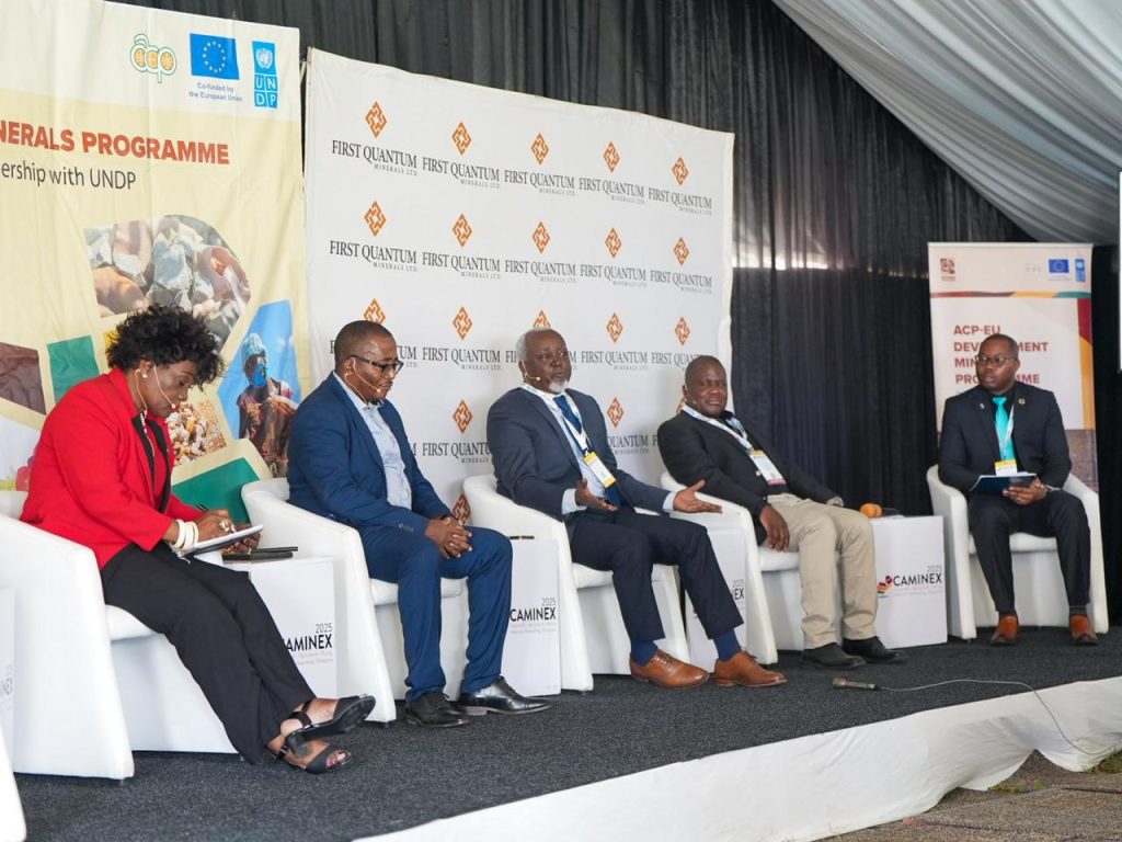 Panellists take part in a discussion on strengthening artisanal and small-scale mining during the Copperbelt Agriculture, Mining, Industrial and Networking Enterprise (CAMINEX) 2025 exhibition in Kitwe, Zambia. The session, organised by the ACP–EU Development Minerals Programme, featured Simukali Mulongwe, Tobias Musonda, Laurent Rudasingwa, Lyapa Manza, and Namakau Kaingu, and focused on policy reform, formalisation, and partnerships.