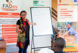 Ms. Rehema Mkuli of the Foundation for ASM Development (FADev) conducts a training workshop for ASM in Tanga. The session focused on establishing foundational Health, Safety, and Environmental (HSE) standards, a critical step toward professionalizing the sector and ensuring the well-being of mining communities.
