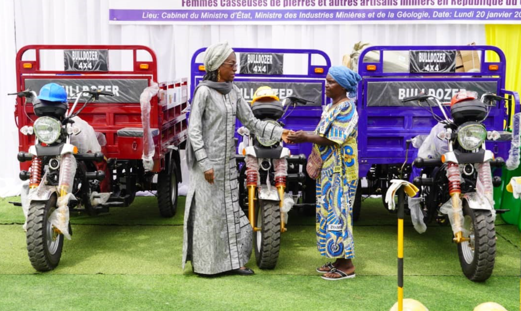The UNDP Resident Representative in Congo hands over tricycles and mining equipment to women engaged in artisanal and small-scale mining, strengthening their technical and operational capacities. These tools help improved productivity and income generation for miners.