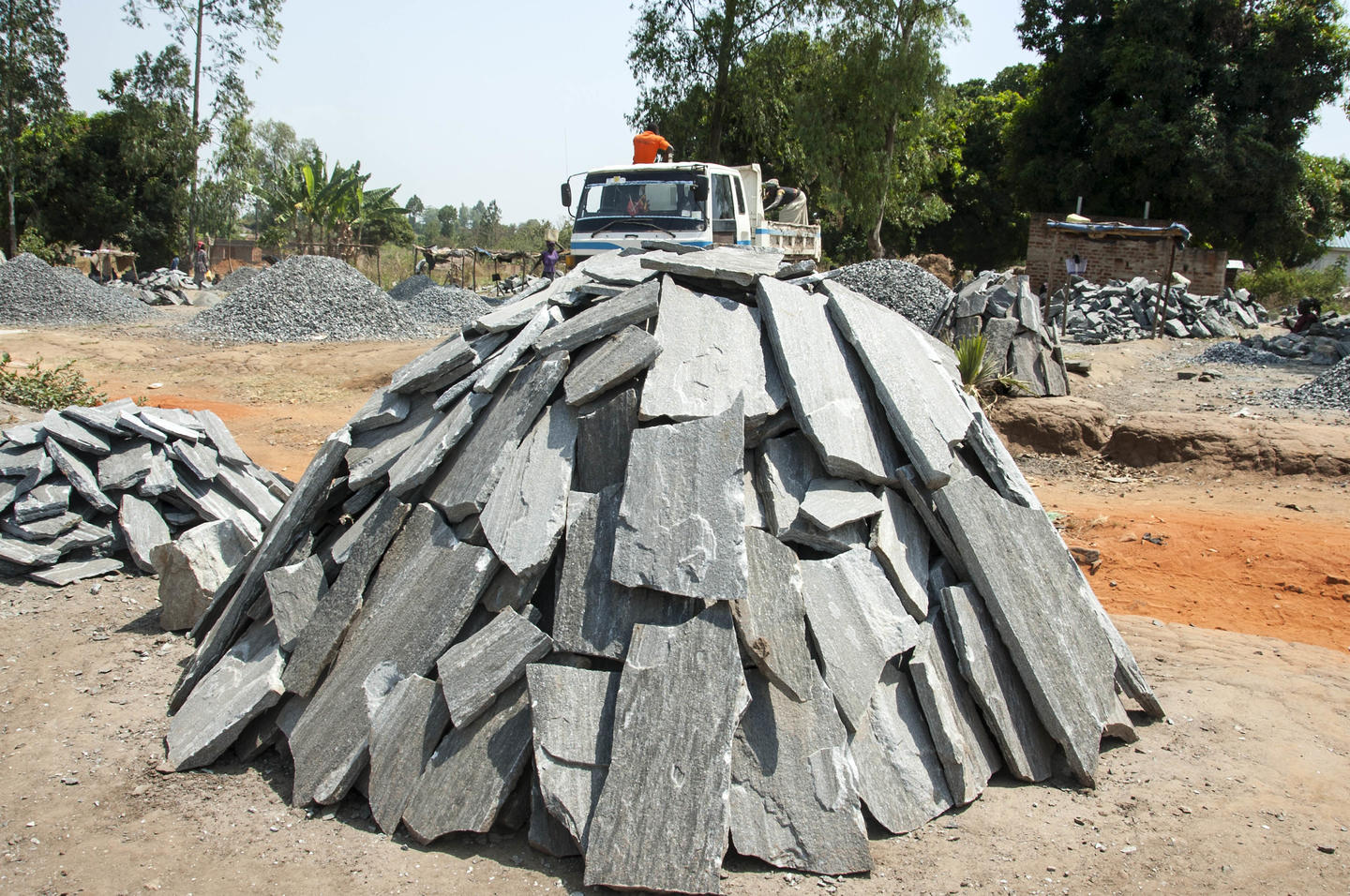 Quarried stone slabs prepared for loading